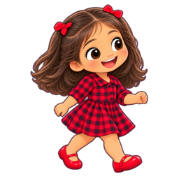 Magali, de vestido vermelho, sorrindo
